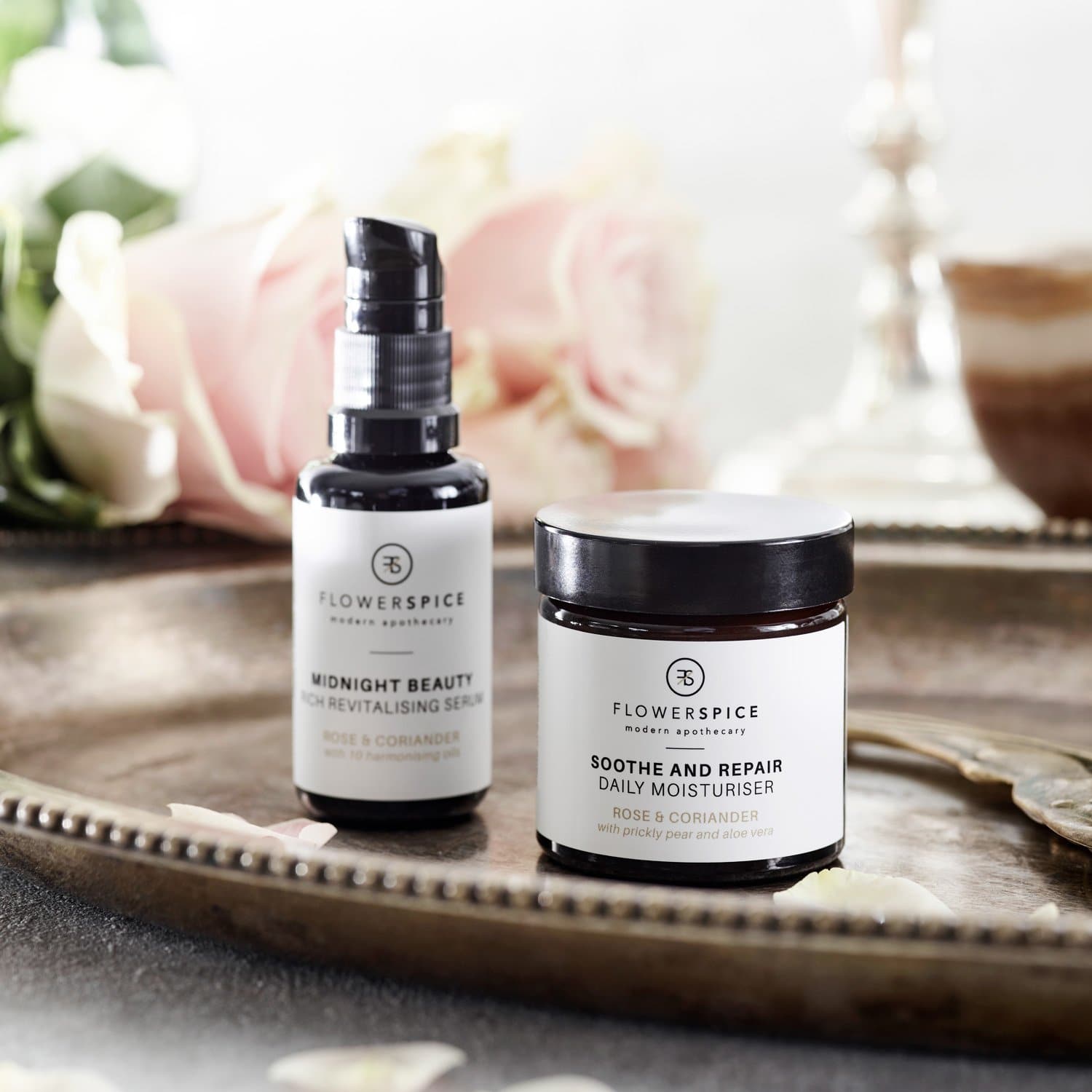 NOURISHING SET - SOOTHE AND REPAIR moisturiser + MIDNIGHT BEAUTY serum - Flower and Spice, Natural Skincare