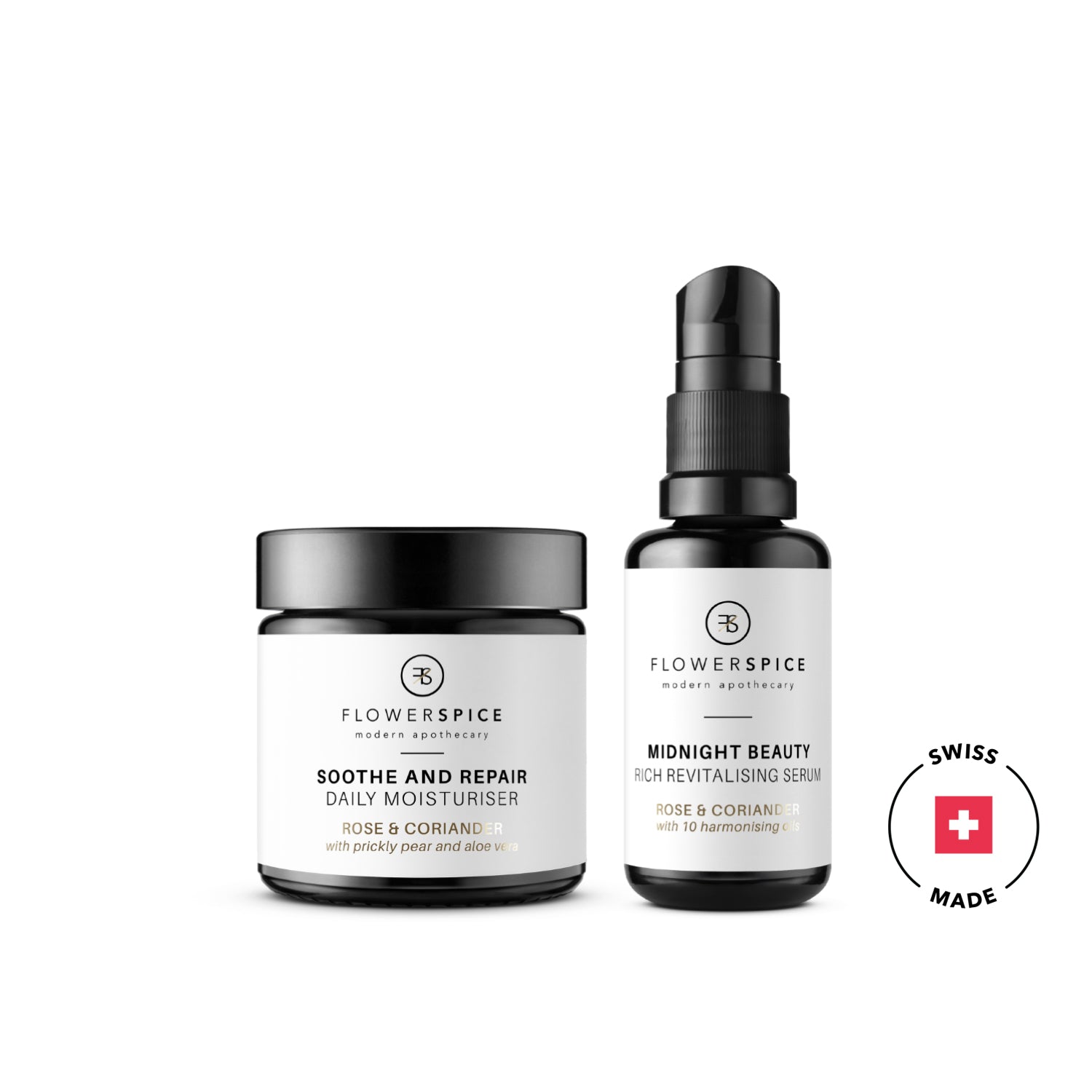 NOURISHING SET - SOOTHE AND REPAIR moisturiser + MIDNIGHT BEAUTY serum - Flower and Spice, Natural Skincare